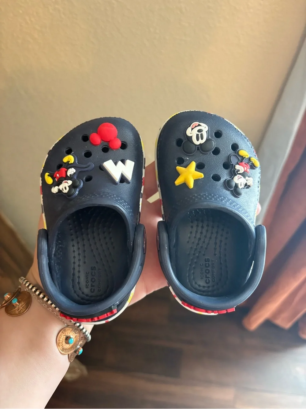 CROCS Kids Navy Mickey Charm Clogs with Red & Yellow Accents